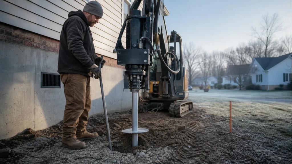 How Helical Piers Support Boonville Structures — realistic Boonville, Indiana foundation service scene